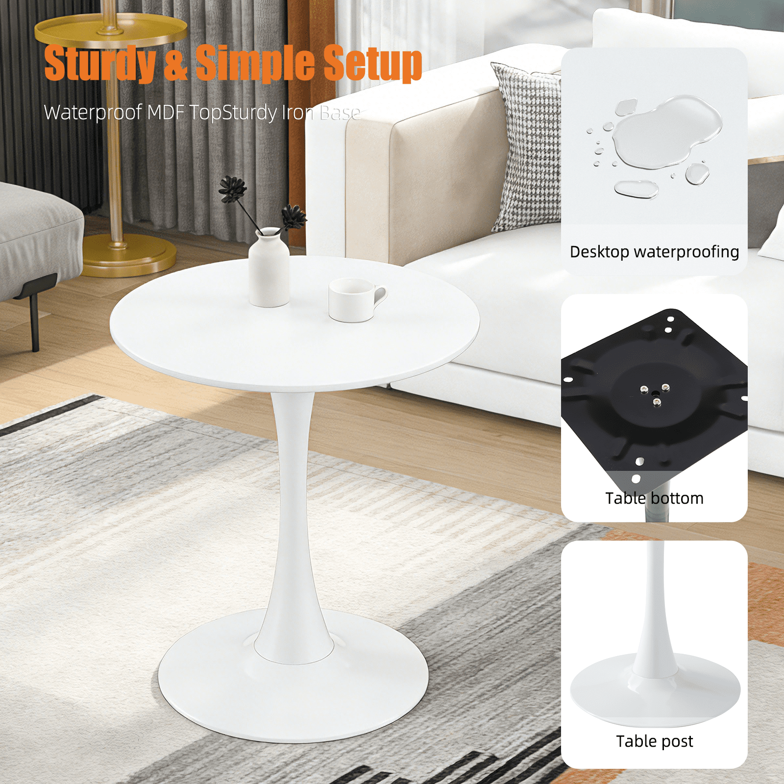 Round Dining Table 24 Inch with Tulip Pedestal Base, Modern Bistro Table and Kitchen Table for Small Spaces, White