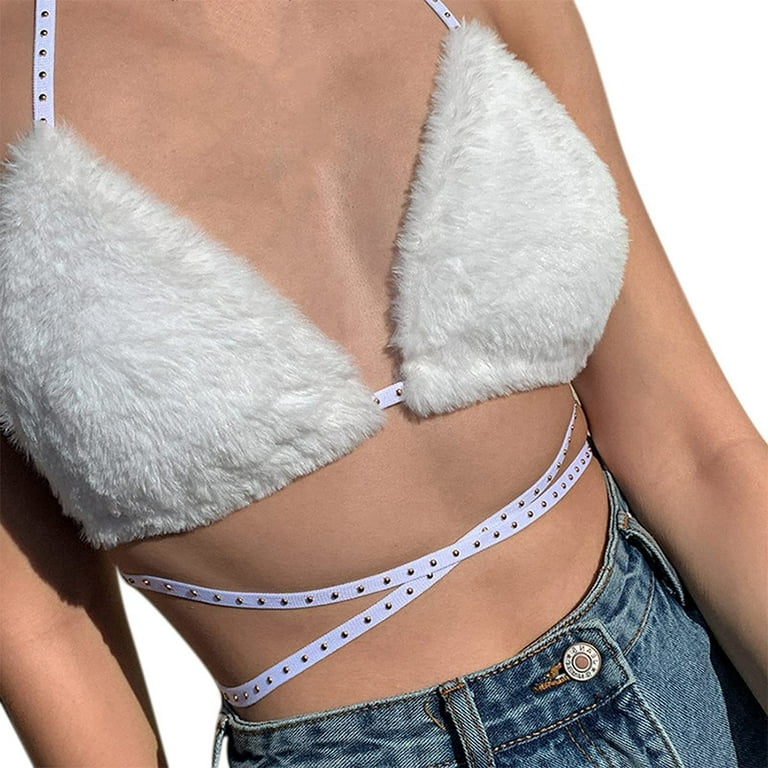 Women Rave Fluffy Fur Triangle Bra Crop Top Sexy Strappy Halter Bandage  Camisole for Dance Festival Clubwear