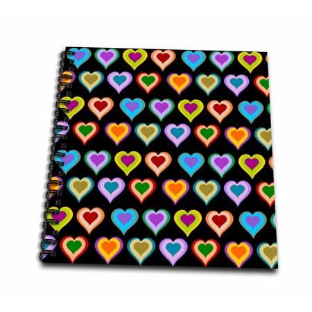 3dRose Groovy Colorful Heart pattern - Rainbow love hearts - cool teenage girl fashion - multicolor black - Drawing Book, 8 by 8-inch