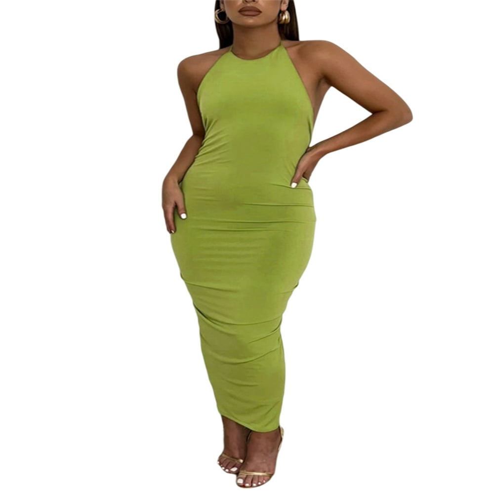Women Backless Ruched Maxi Dress Spaghetti Strap Draped Slip Dress