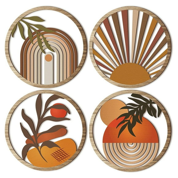 Honganda Boho Wall Decor Set of 4 Round Frame Colorful Abstract Sun Pattern Wooden Wall Art Decor