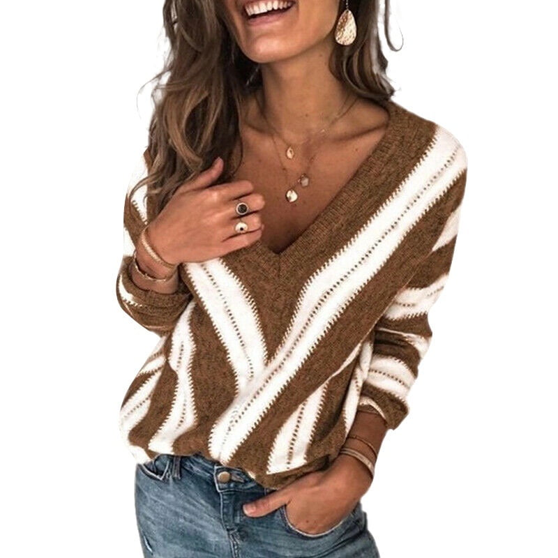 Women Autumn V Neck Long Sleeve Sweater Loose Knit Pullover Sexy Jumper ...