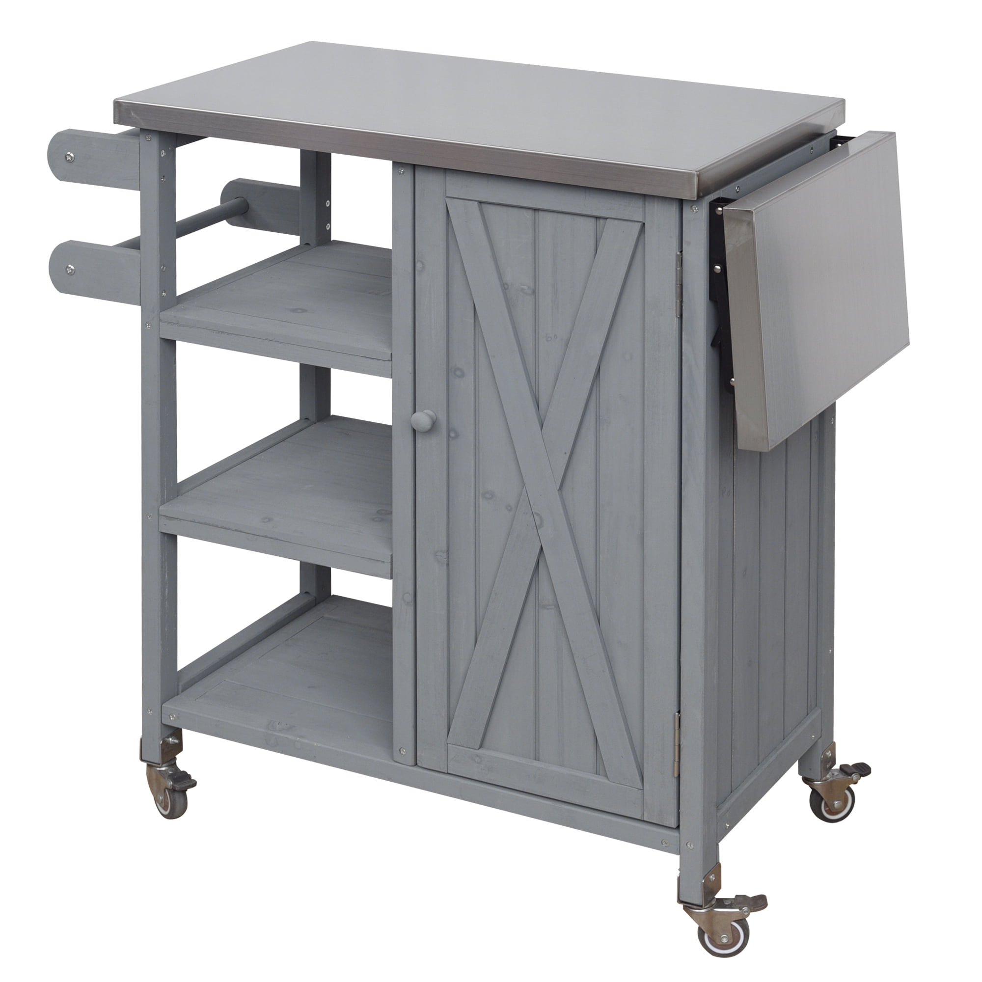 Foldable Outdoor Kitchen Island, Stainless Steel Top Prep Cart, Fir Wood Portable Kitchen Cart with Lockable Wheels for Patio, Balcony, Grey