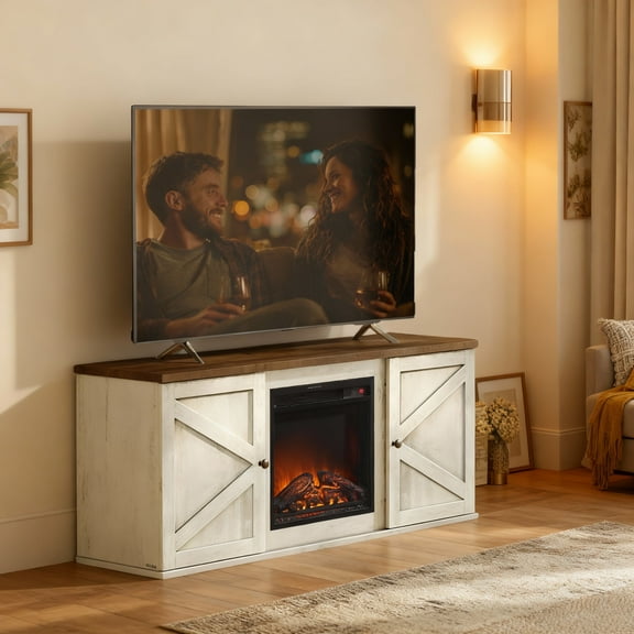 LEDREM Fireplace TV Stand for TVs up to 65 Inch,Media Console with 18-Inch Electric Fireplace & Remote,Rustic White and Honey Brown