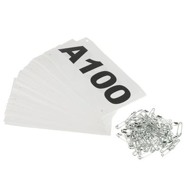 Tearproof Running Bib Numbers 7x4 Inch, A1-100 Waterproof Race Competitor Numbers with Safety Pin, White