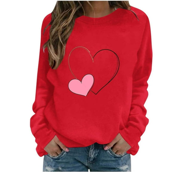 Tdoqot Womens Valentines Shirts- Long Sleeve Casual Heart Print Cute Pullover Sweatshirt Tops Red Size XL