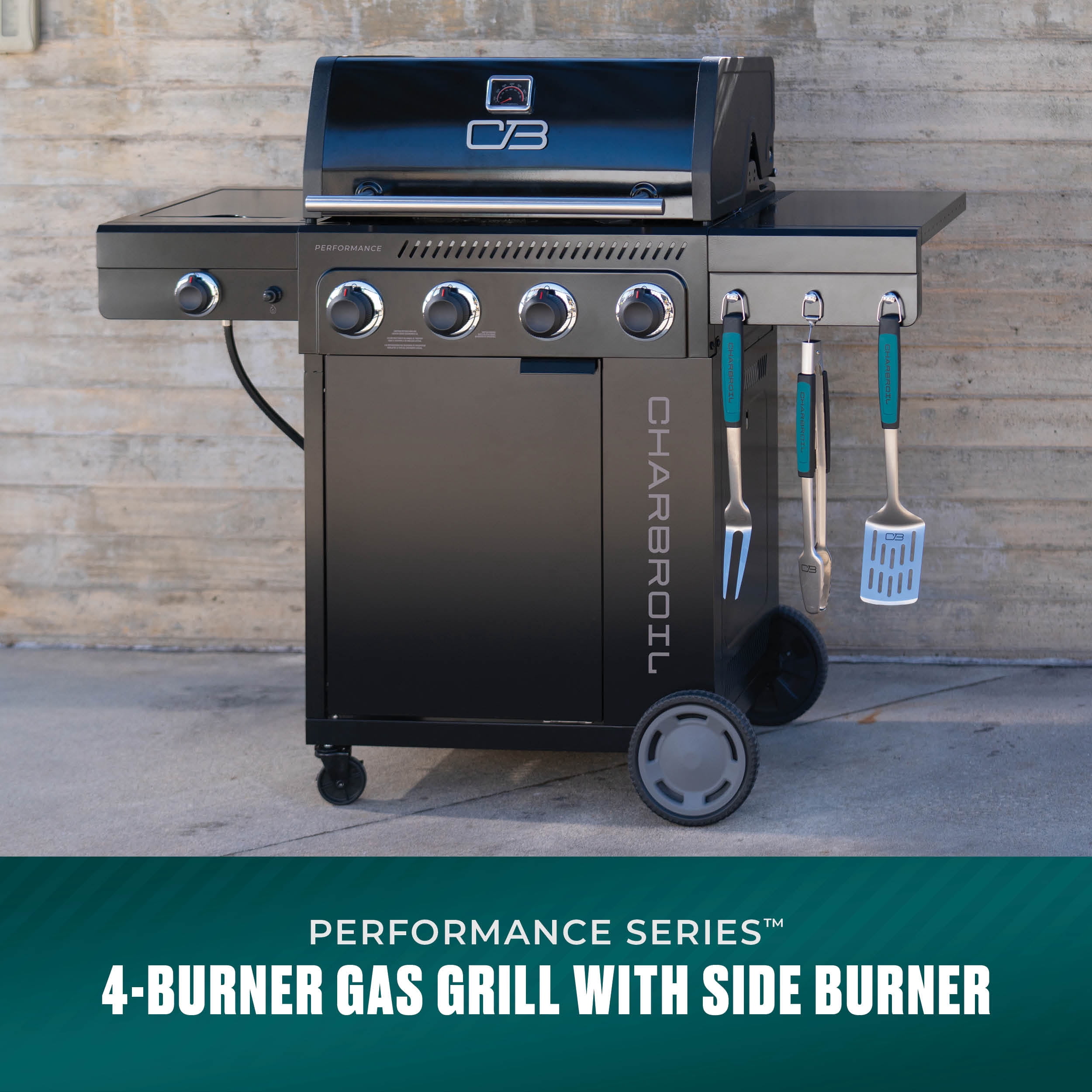 Charbroil® Performance Series™ FlavorMax™ 4 Burner Gas Grill Cabinet with Side Burner, Black Stainless