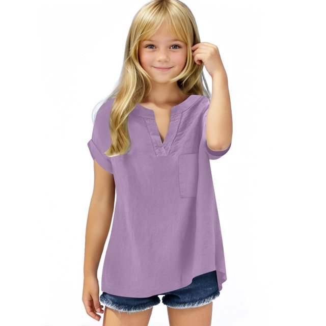 Mgmyaa T-Shirts à Col en V pour Filles Blouses Manches Courtes Chemise Décontractée Tee Tops 5-15 Ans