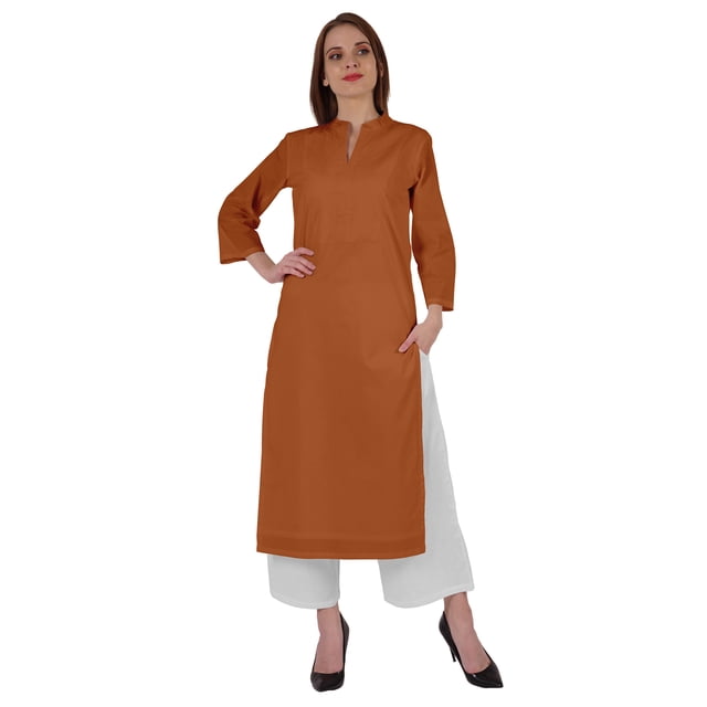 Bimba Kurta Droite Unie Ethnique Indienne pour Femmes à Col Mandarin avec Encolure Plissée en Coton