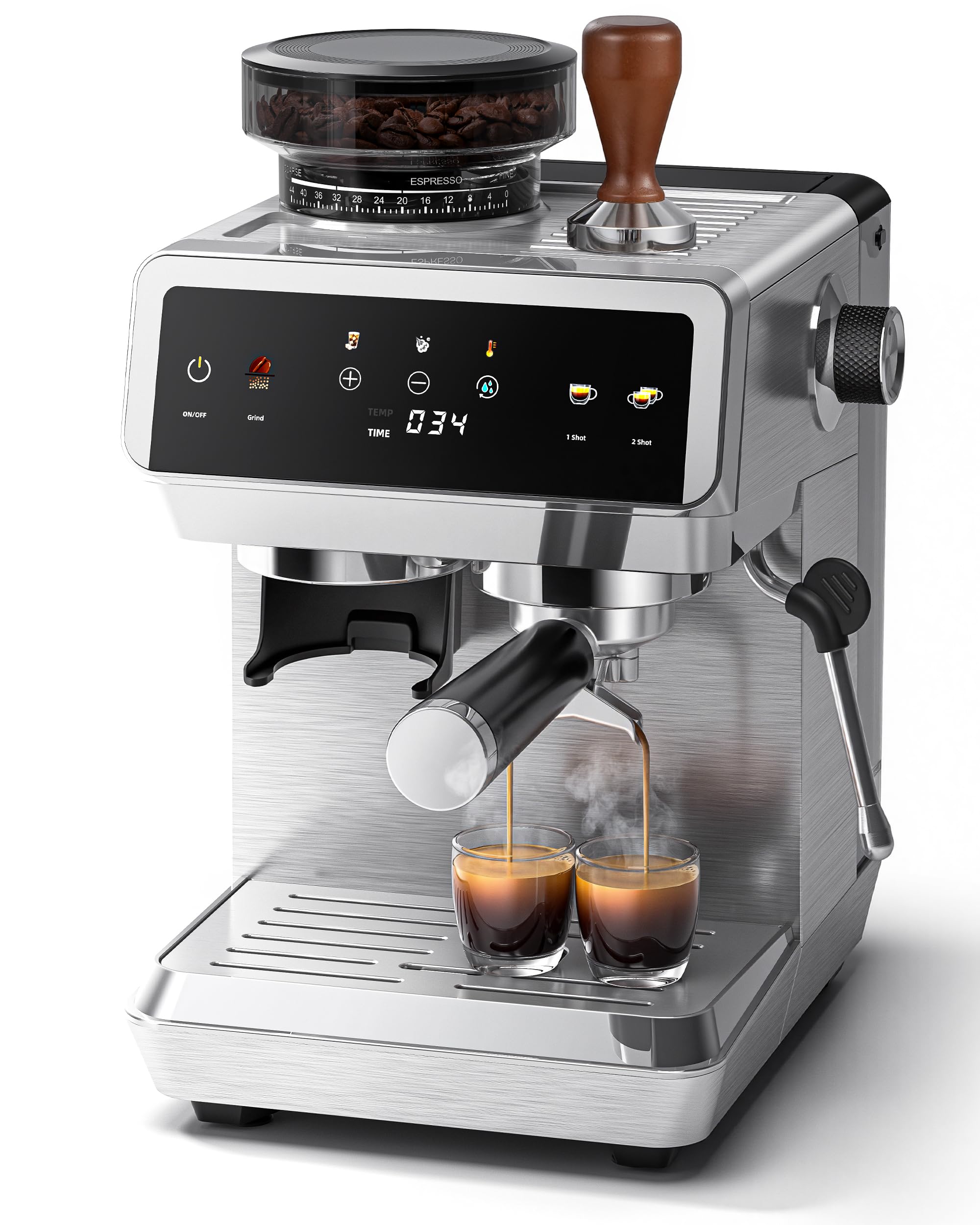 20 Bar Espresso Machine with Built-in Grinder, Semi-Automatic 1350W Coffee Maker with Touch Screen, Stainless Steel Body, Milk Frother Wand, 35 Grind Settings, Adjustable Temperature & Cold Brew Mode