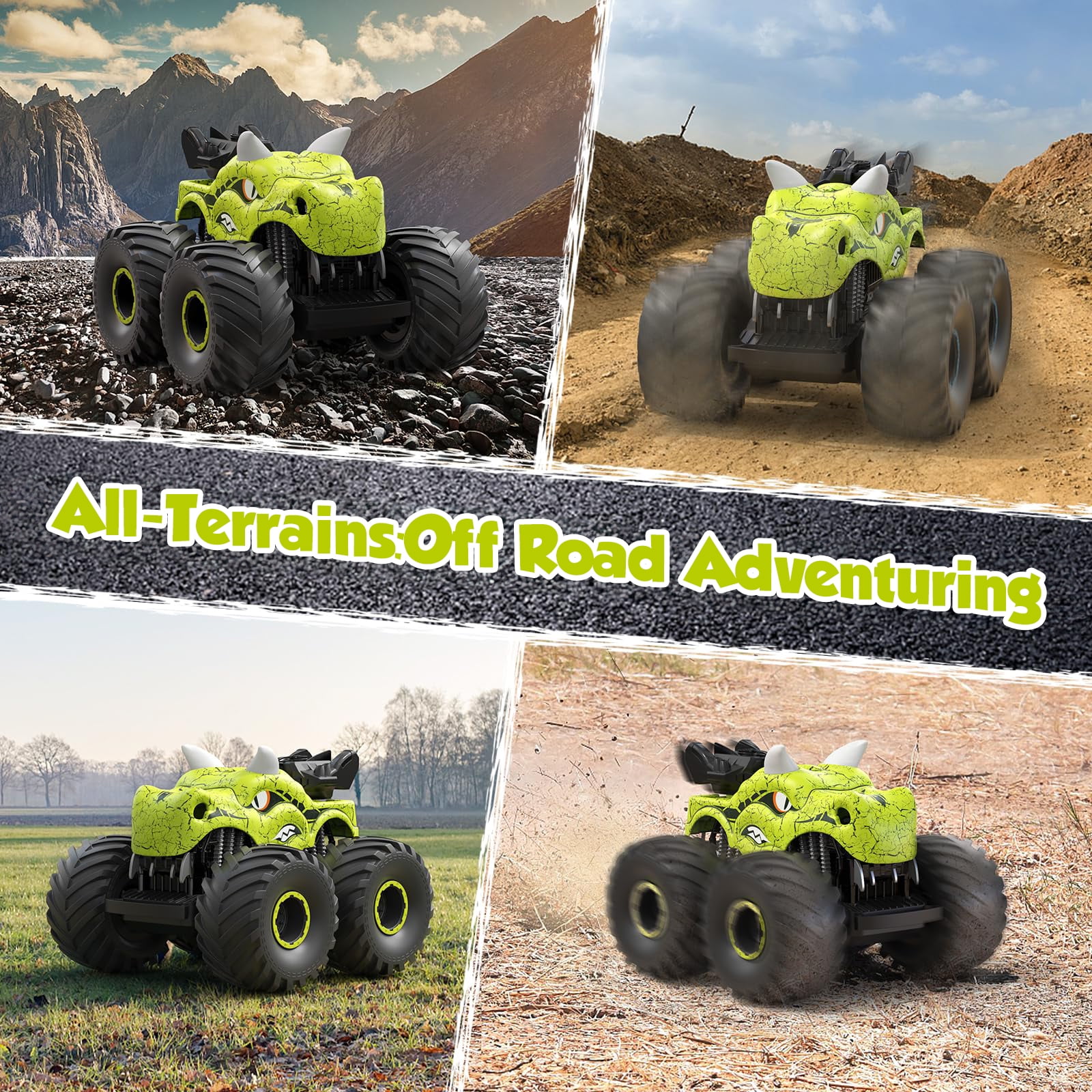 Huge Wave Remote Control Cars for Boys, 2.4Ghz RC Dinosaur Toys for Boys 3-6, RC Monster Trucks with Light & Sound Spray, Birthday Christmas Gift for Boys 3 4 5 6 7 8, Green