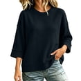 thumbnail image 3 of Sweatshirts for Women Dqueduo Women's Casual Three-Quarter Sleeve Knit Crew Neck Top – Breathable Solid Color Tee Black S, 3 of 10