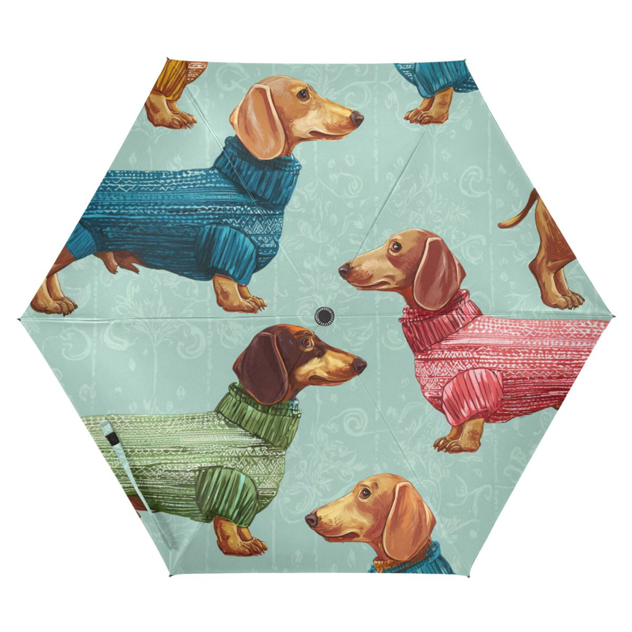 Cute Dachshund in Colorful Sweaters All Weather Umbrella Triple Folding Parasol 6 Ribs UV Protection Portable