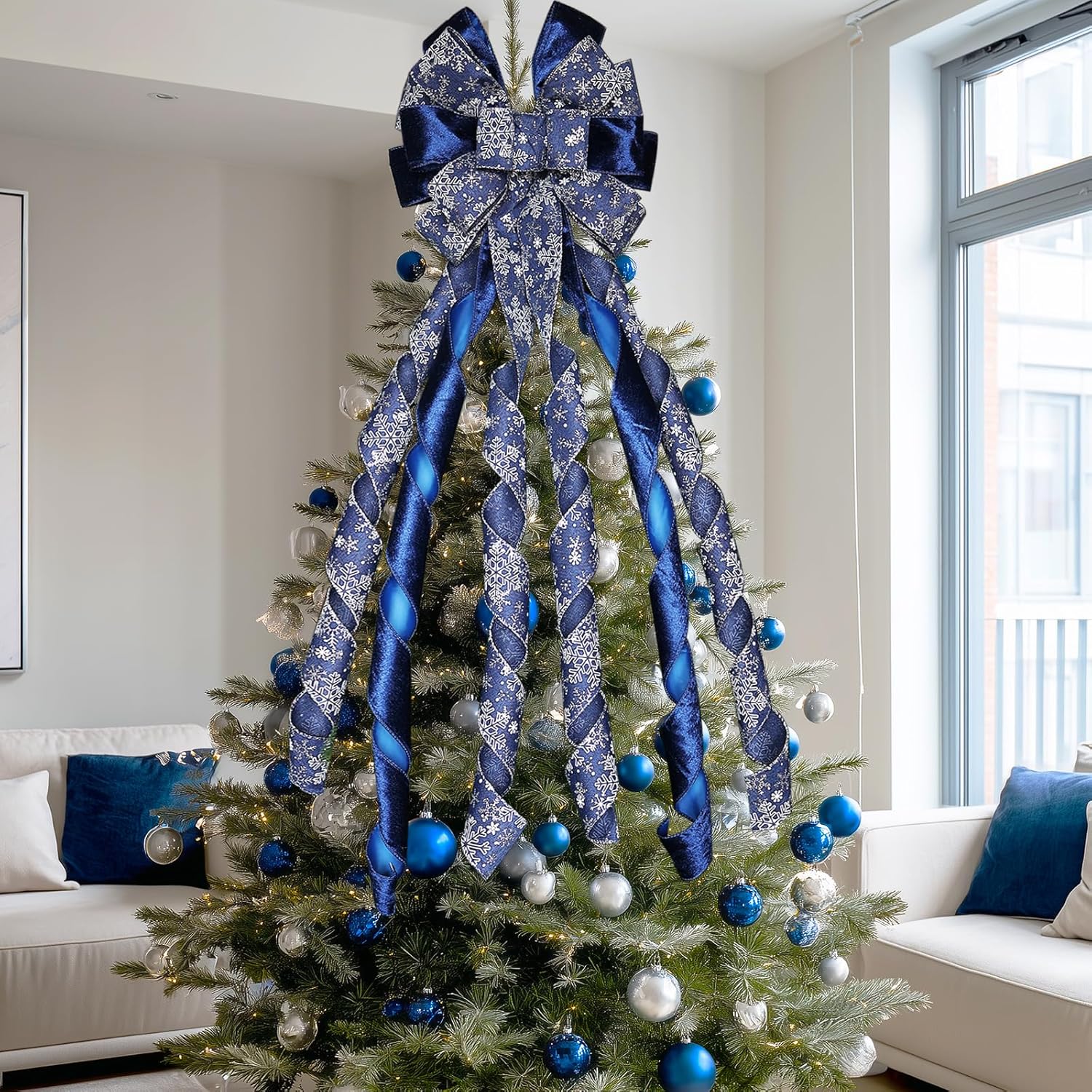 Large Christmas Tree Topper Bow 52x13 Inch, Pre-Tied Wired Ribbon Wreath Bows, Xmas Ornaments with Long Wired Edge Streamer for Holiday Thanksgiving Indoor Outdoor Party Decoration (Navy Blue)