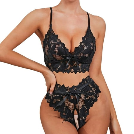 

HGWXX7 Plus Size Lingerie Women Lace Hollow Perspective Open File Big Three Point Two Piece Set
