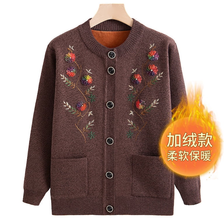 Women's Floral Embroidered Cardigan – Lightweight Cable Knit Button-Up Sweater With Pockets (Grandma Style, Thin Fit)