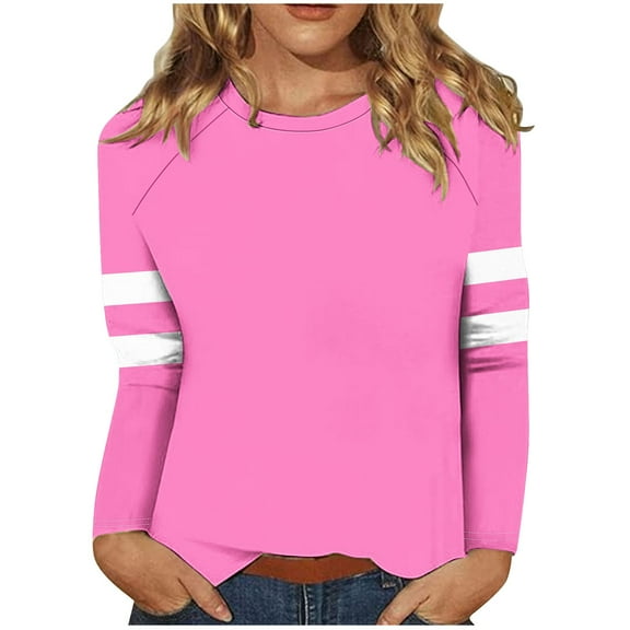 Scyoekwg Womens Clothes Long Sleece Loose Dressy Casual Round Neck Raglan Sleeves Tunic Tops Stitching Graphic Tops Long Sleeve Trendy Y2k Clothes Pullover Tops(Hot Pink,M)