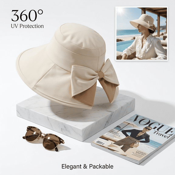 Women's Wide Brim Sun Hat with Bowknot, Sun Protective Summer Hat for Outdoor Travel and Beach, Beige