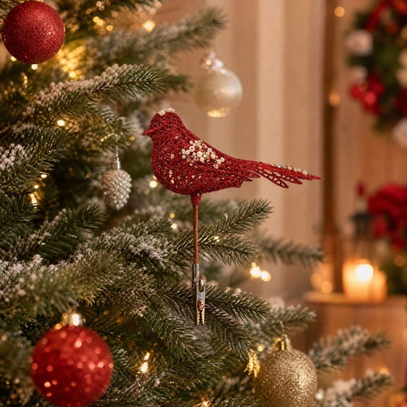 Gardening Christmas Bird Ornaments Clip Artificial Foam Birds for Christmas Tree Garland Decorations,Red