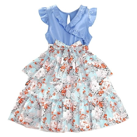 

Rovga Casual Dresses For Girls Lace Neck Flying Sleeves Floral Princess Dress Multiple Dress Dress Party Birthday Girl Dress
