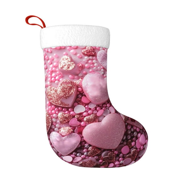 Balery Pink Glitter Heart Candy Pattern Christmas Stockings with Initials, 18" Large Knit Christmas Stocking,Xmas Stocking for Kids, Holiday and Family Stocking