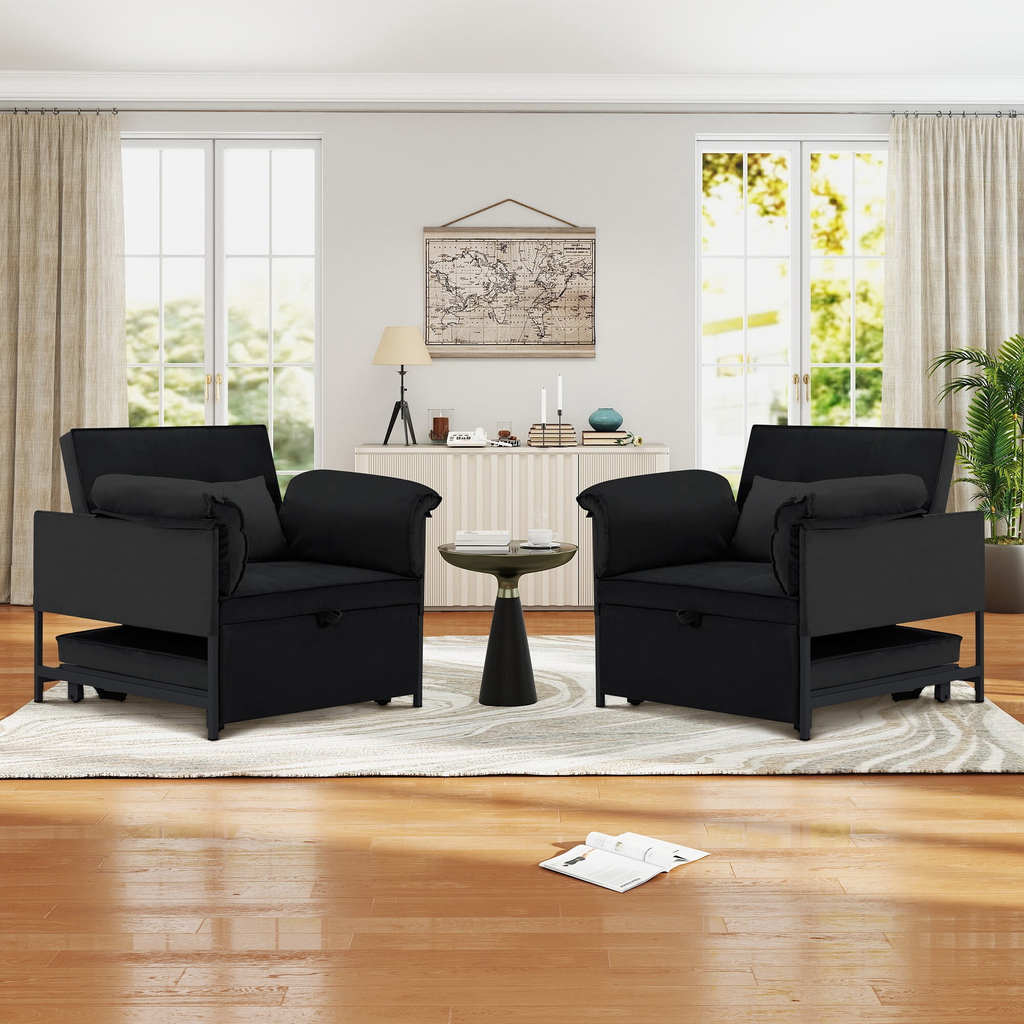 AENKYO 3-in-1 Convertible Sleeper Chair Bed with Adjustable Backrest, Velvet Chaise Lounge Sofa for Small Spaces, Black