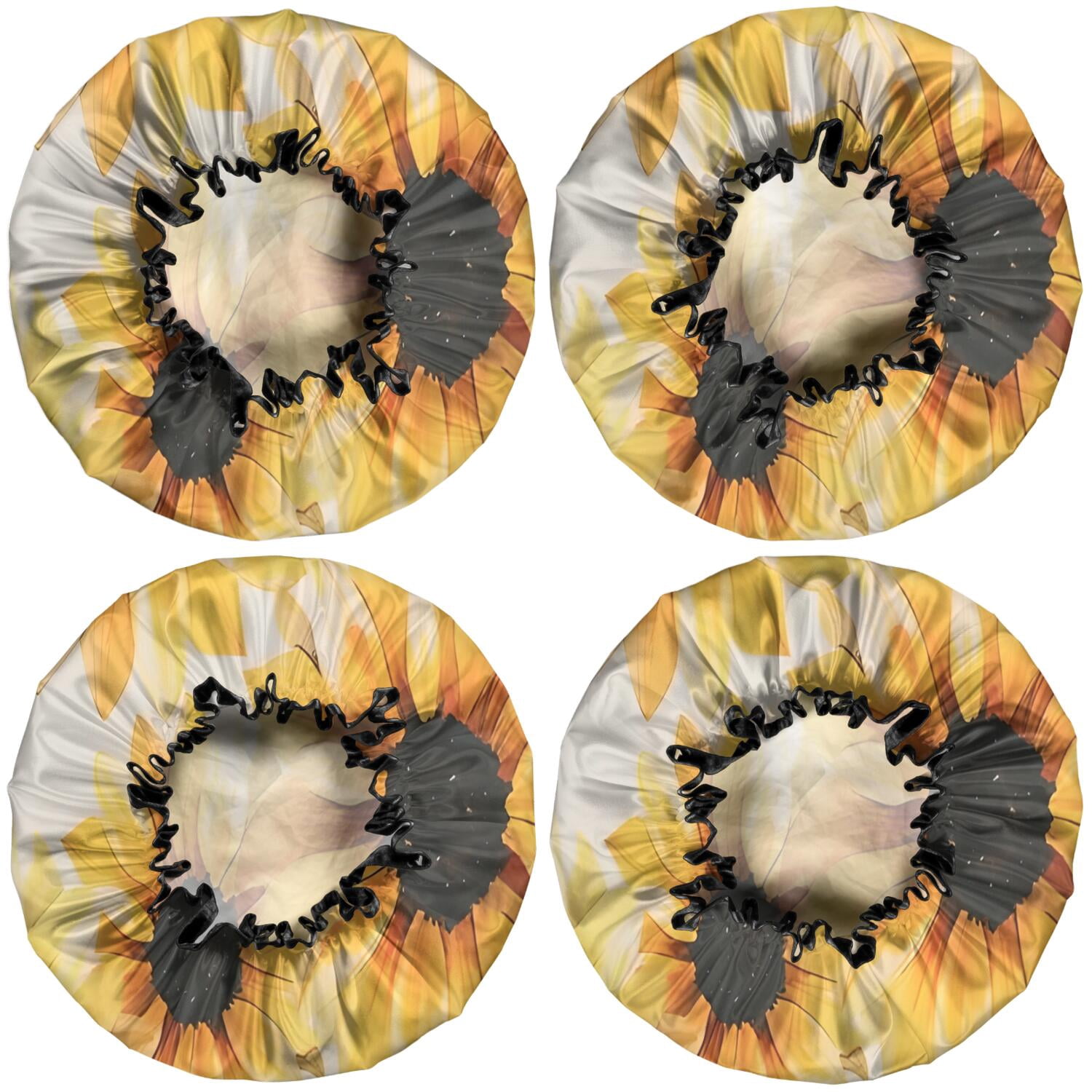 Shower Caps,White Sunflower Pattern Waterproof Shower Cap for Women 4 Pieces,Double Reusable Hair Cover for Shower PEVA Elastic Stretch Hem