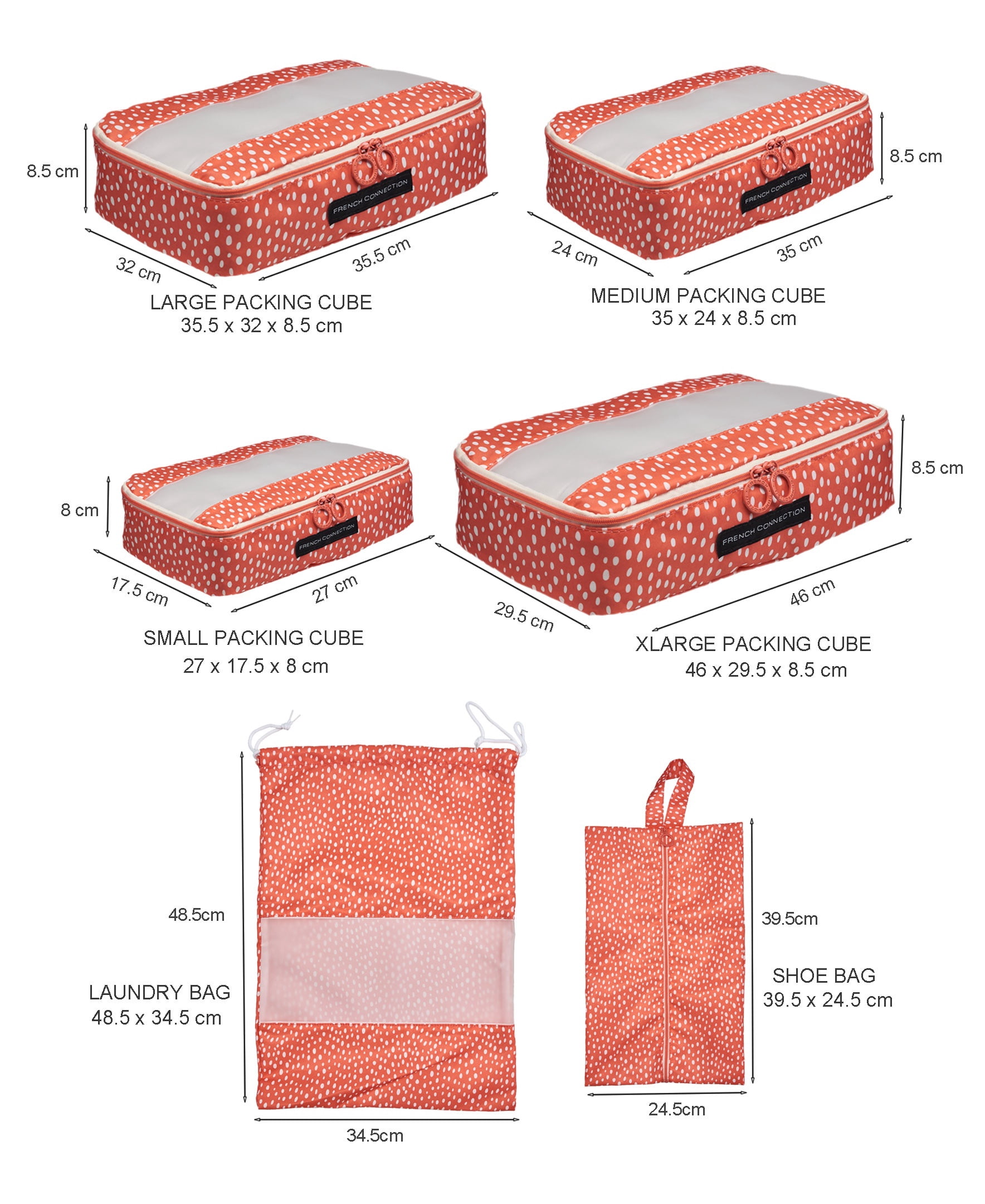 French Connection 6pc Packing Cube Set - Travel Storage Set (Polka Dot) in Orange