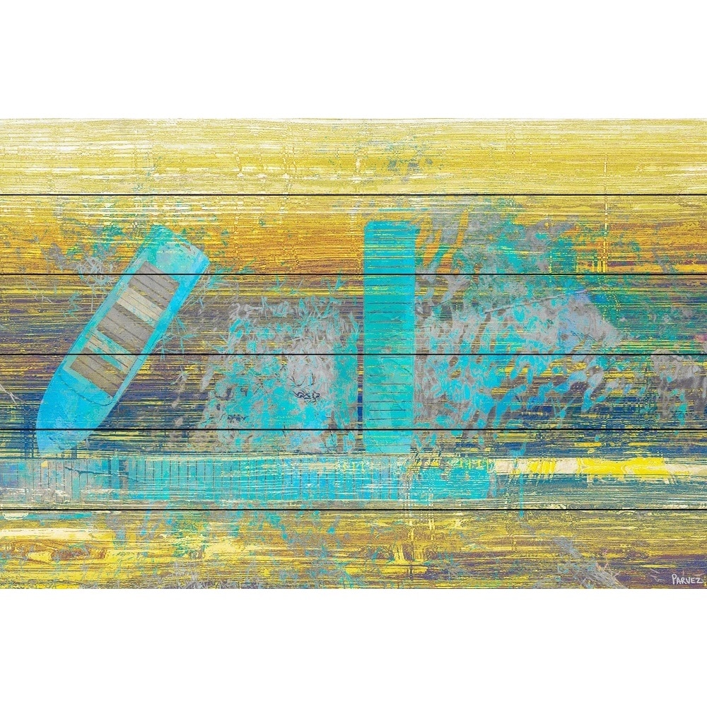 "Blue Boat Docked" Painting Print on White Wood