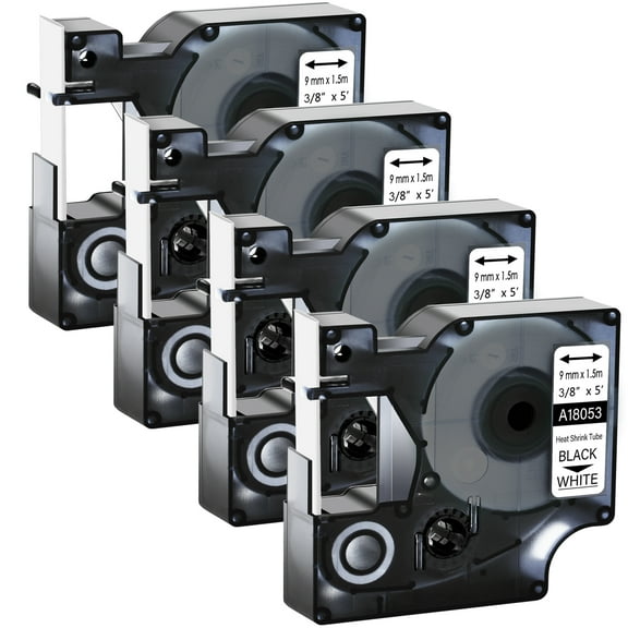 GREENCYCLE 4PK Industrial Rhino Heat Shrink Tubes Compatible for Dymo 18053 Black on White Cable Label Tape (9mmx1.5m,3/8''x5ft) Use in DYMO Rhino Pro 1000 3000 4200 5000 5200 6000 Label Maker