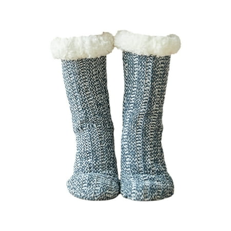 

Cuteam 1 Pair Vertical Stripe Non-Slip Silicone Knitted Socks Middle Tube Fleece Lined Women Warm Snow Socks for Christmas