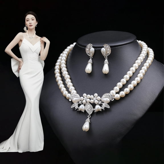 Xinyolin 1 Set Bride Necklace Double Layer French Style Vintage Elegant Gift Hypoallergenic High Gloss Faux Pearl Women Earrings Wedding Jewelry