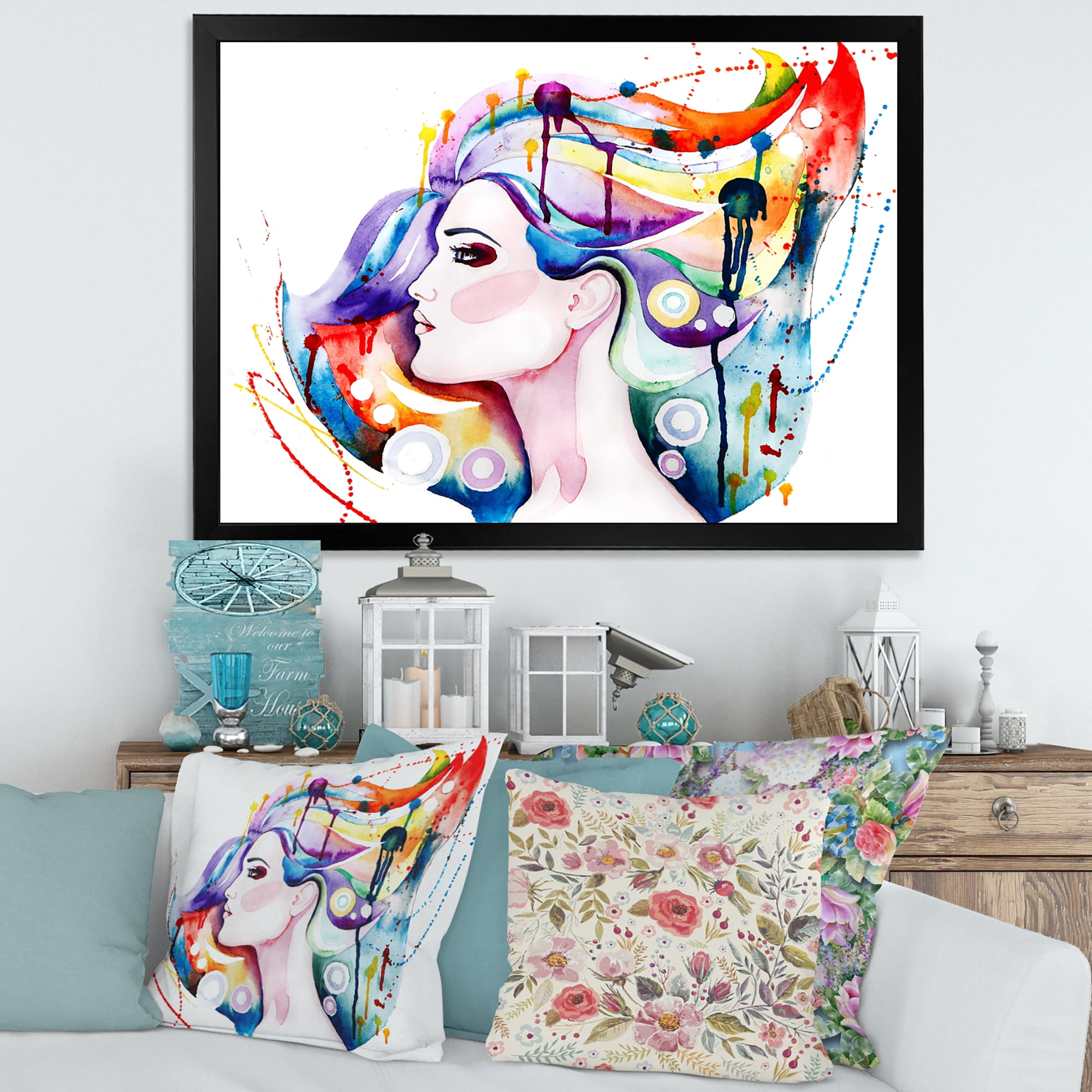 Designart 'Beautiful Young Woman With Colorful Hair' Traditional Framed Art Print