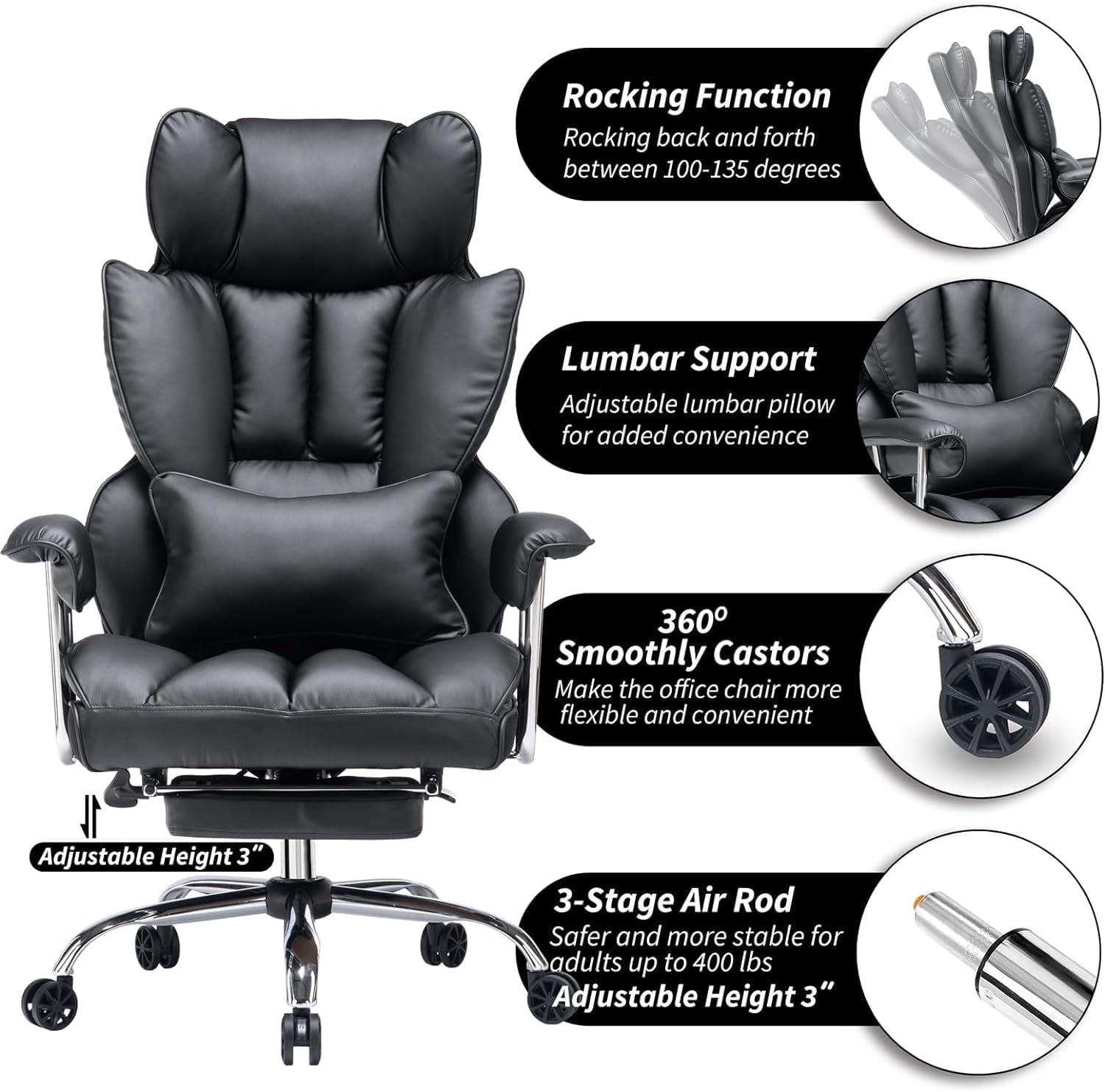 Woodty Executive Chair, PU Leather, High Back & Lumbar Support, Adjustable Armrests, Black