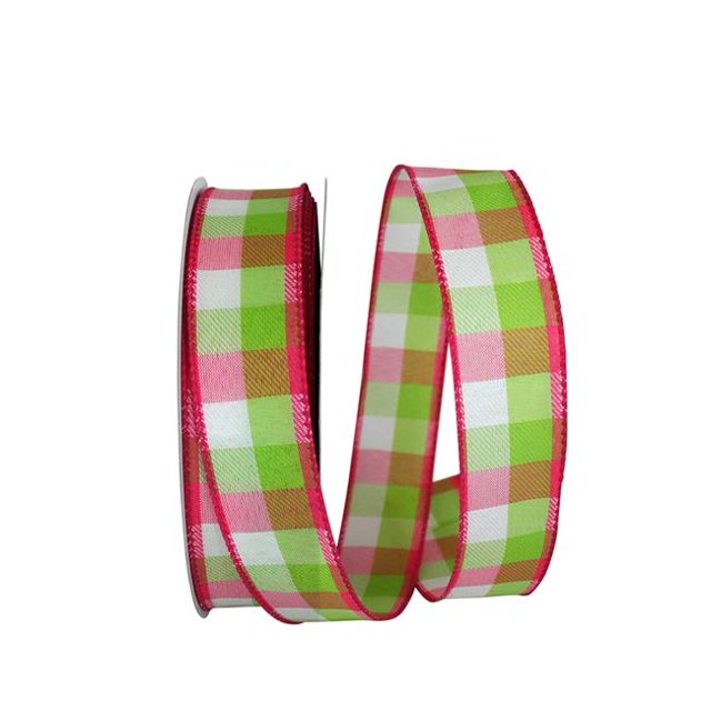 Reliant Ribbon 93228W-777-09K Celine Plaid Twill Wired Edge Ribbon - Fuchsia & Lime - 1.5 in. x 50 yards