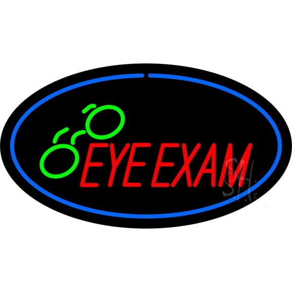 Eye Exams Oval Blue LED Neon Sign 20 x 37 - inches, Black Square Cut Acrylic Backing, with Dimmer - Bright and Premium built indoor LED Neon Sign for Defence Force.