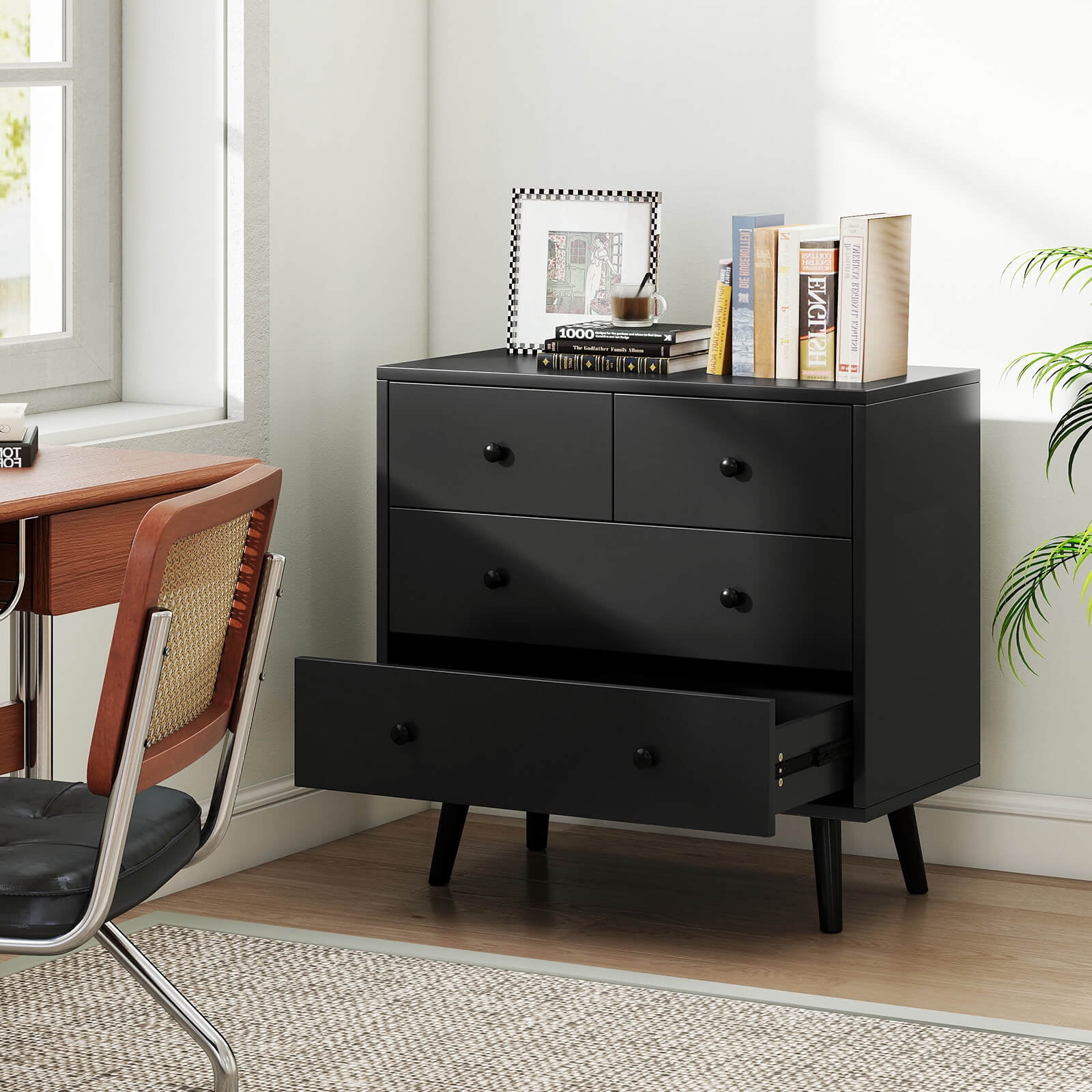 Costway 4 Drawer Dresser for Bedroom Wide Chest of Drawers with Metal Guide Rails Black