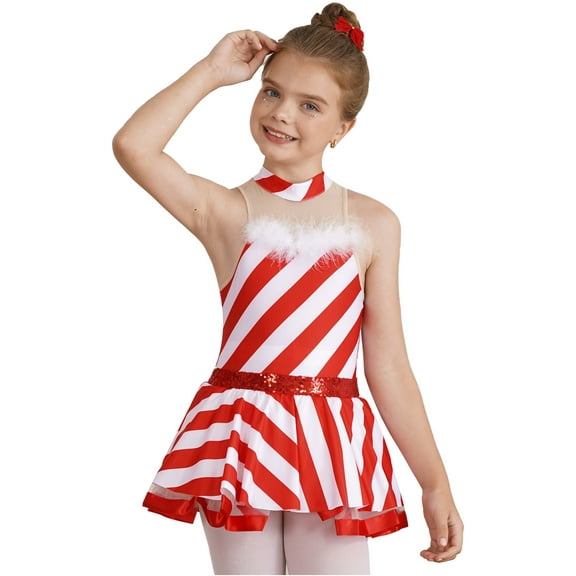 YEAHDOR Kids Girls Christmas Miss Santa Costume Sequins Striped Dance Tutu Leotard Dress Figure Skating Outfit Red 4