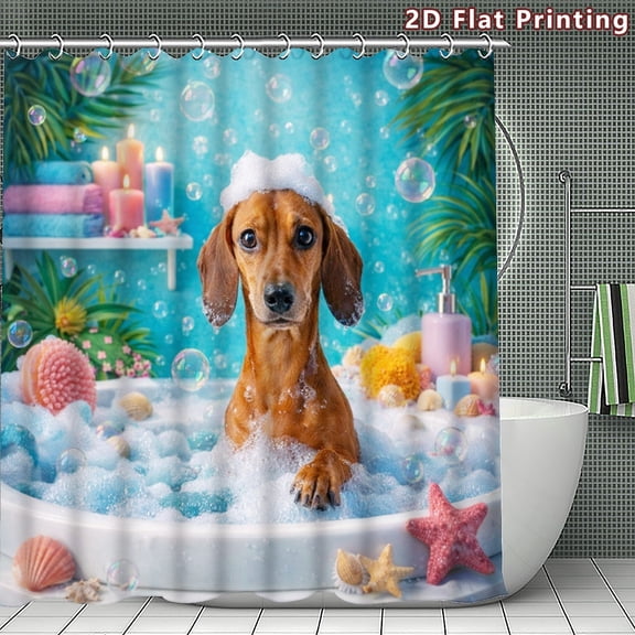 Cute Dachshund Dog Bubble Bath Seashell Print Waterproof Fabric Shower Curtain With Hooks Pet Lover Bathroom Decor