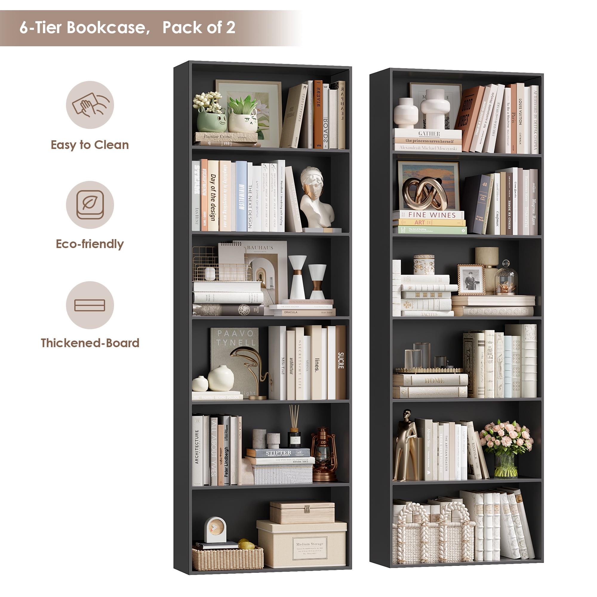 Homfa 6 Tier Tall Bookshelf and Bookcase, 2PC Wooden Bookcase Display Shelf for Living Room Home Office Library Storage, Black