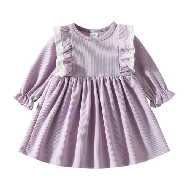 Toddler Big Girls Dresses plus Rompers Girls 8 10 Little Dresses Wedding Floral Toddler Baby Girl Lace Dress Dress Winter Long Sleeve Ruffles Ribbed Lace Solid Color Purple 2-3 Years