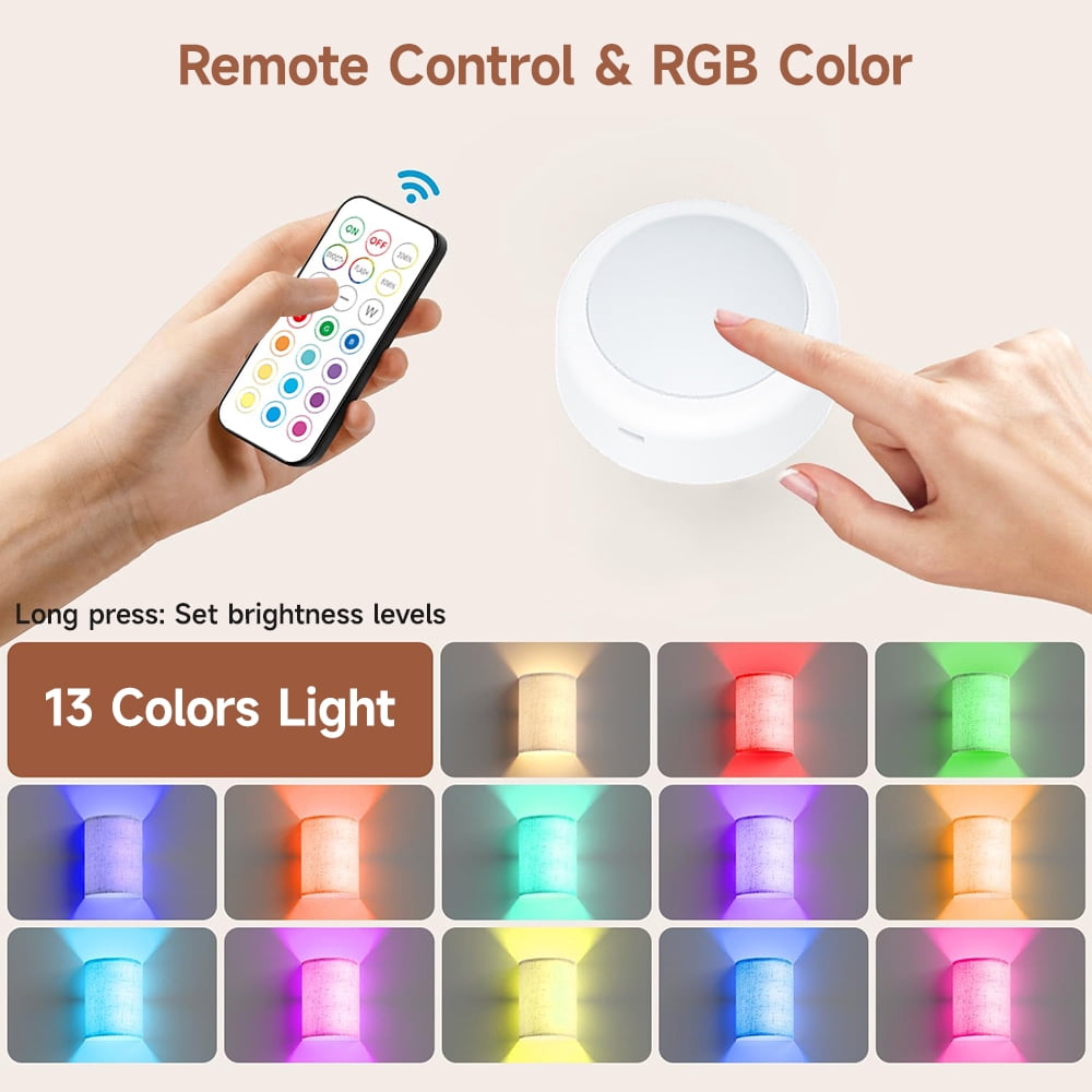 Battery Operated Wall Sconce, Rechargeable Wireless Wall Sconces Set of Two, Magnetic Wall Lamp with Remote RGB Colors for Bedroom Living Room Hallway, Fabric Linen Shade
