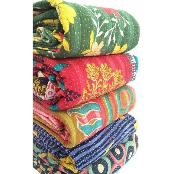 Varprada- 3 Piece Handmade Indian Vintage Kantha Quilts for Sale Throws Bedsheet Reversable Bohemian Home Décor Blanket –Assorted Color Twin Size 85x55 inches