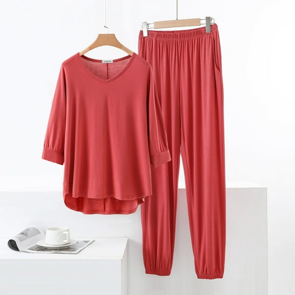 Chbgutlmr Womens Pajamas Set Elbow Length Sleeve V Neck Irregular Hem Tops Cinch Bottom Elastic Waist Pants Casual Comfy Lounge Set