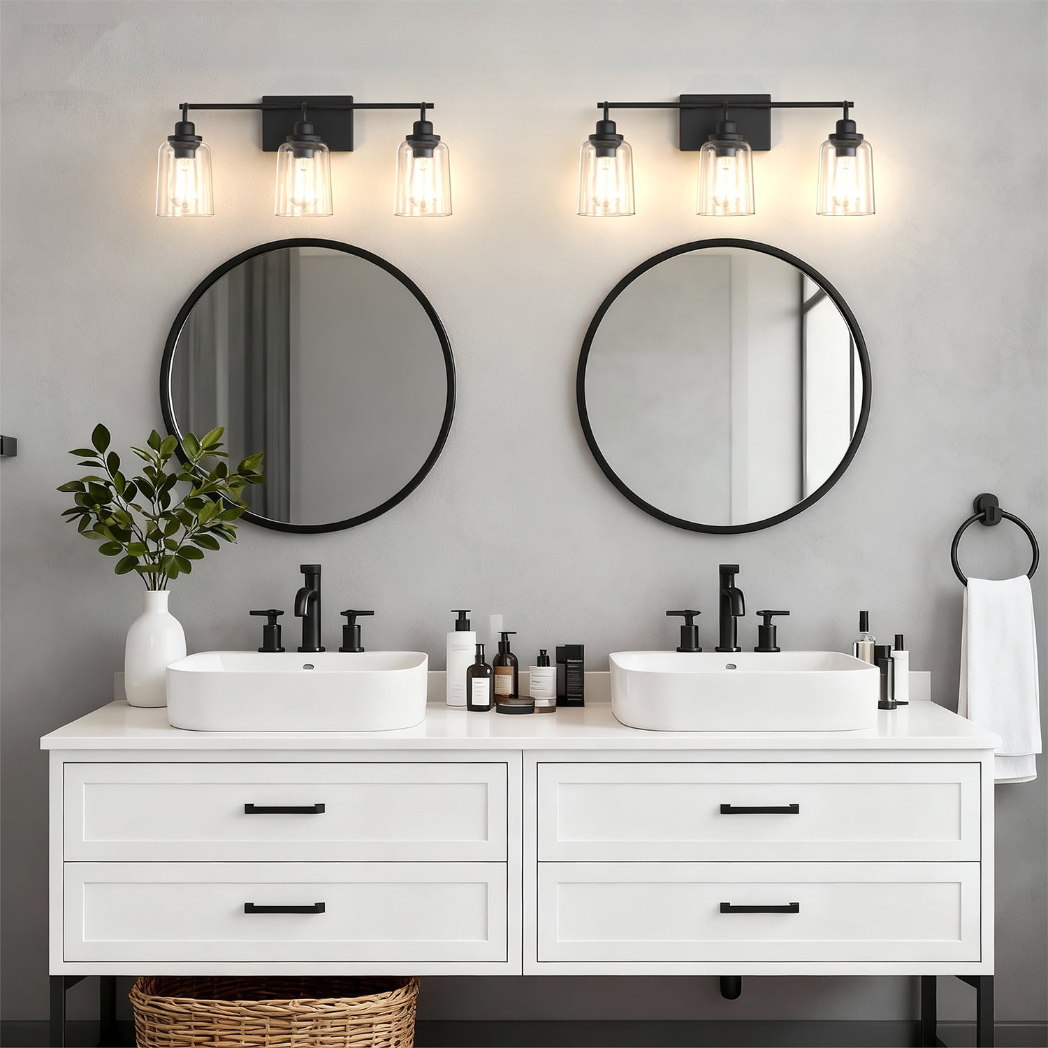YANSUN 23.3" 3-Light Vanity Mirror Light Bar, Black Light Fixture with Waterdrop Glass Shades for Bathroom, Makeup Vanity, Dressing Room