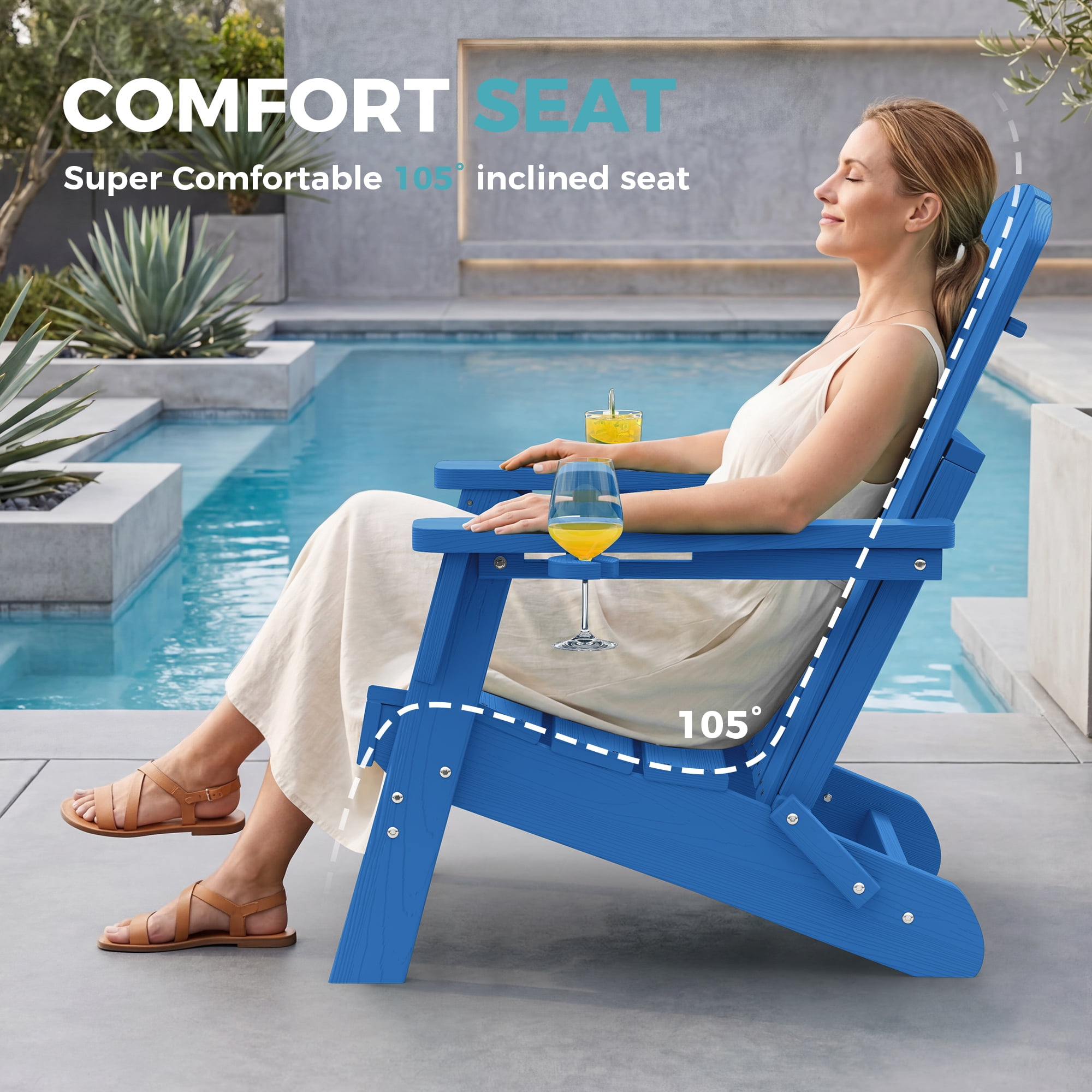Adirondack Chair Set of 4, Outdoor Folding All-Weather HDPE Adirondack Chairs with 2 Cup Holders for Patio, Blue