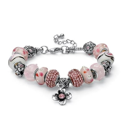 PalmBeach Jewelry 52161 Round Pink Crystal Silvertone Metal Bali-Style Beaded Charm and Spacer Bracelet 8''