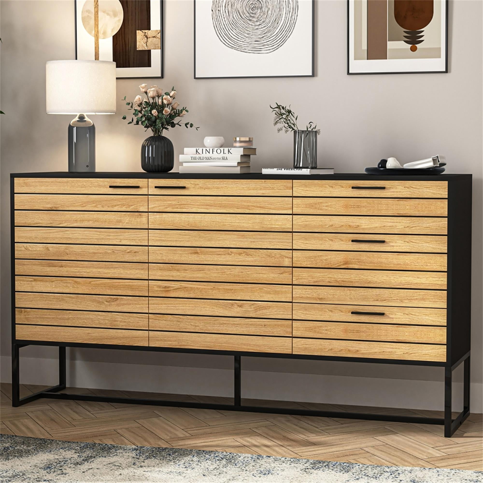 Yardi Yard Wood Sideboard Buffet Storage Credenza with Metal Frame Modern Farmhouse Accent Cabinet Oak&Black Yardi Yard Wood Sideboard Buffet Storage Credenza with Metal Frame Modern Farmhouse Accent Cabinet Oak&Black