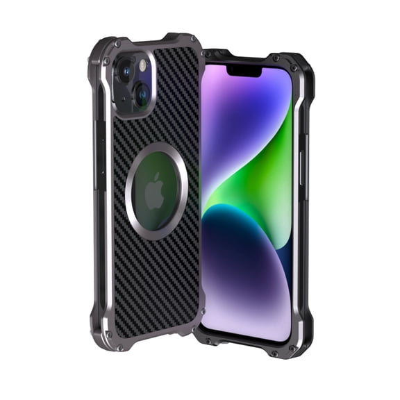 Jiahe Cover Case for iPhone 14,Back Hollow Heat Dissipation Shockproof Bumper Armor Aluminum Alloy Metal Carbon Fiber Case for iPhone 14, Lens Protection Support Magsafe Charger, Gray