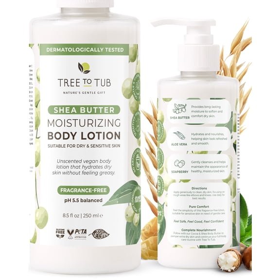 Tree to Tub Unscented Shea Butter Body Lotion for Dry Skin - Fragrance Free Lotion,Vegan Body Moisturizer, Good for Sensitive Skin for Women & Men